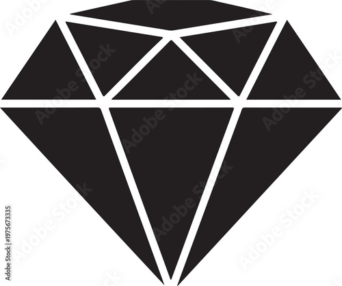Flat black diamond with geometric faceted shape and white outline on a white background