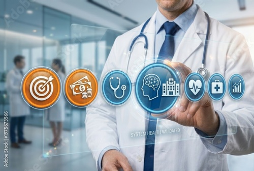 Healthcare Management Concept with Medical Icons and Financial and Target Goals