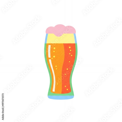 Craft beer in tall glass with frothy head. Colorful design shows bubbles and golden liquid. Simple photo style with soft pastel accents. Perfect for casual drink or festival themes