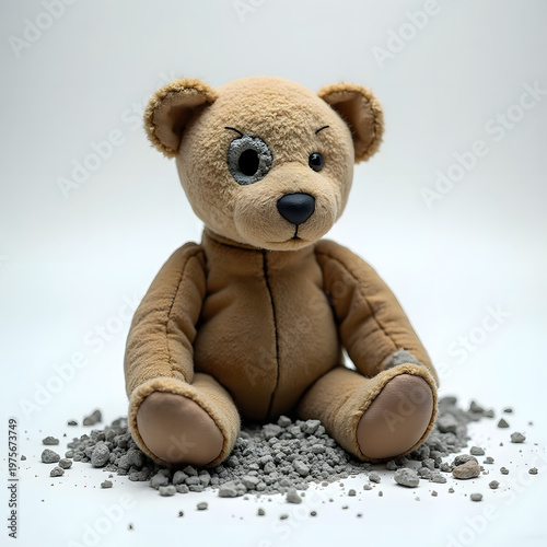 Dirty abandoned teddy bear with dust and debris isolated on white.
