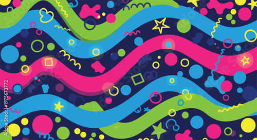 Memphis style abstract pattern with waves, circles, and stars in bright colors on a navy background