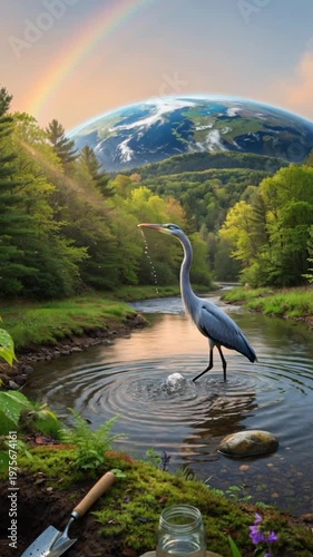 Young tree sapling planted in soil beside a peaceful river, surreal landscape with a giant planet and rainbow in the sky, environmental conservation concept.