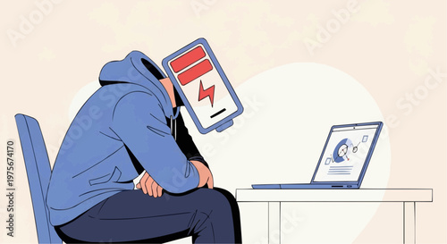 business man working on laptop Digital Burnout Concept Illustration with Low Battery Head Person Using Laptop Minimal Flat Vector