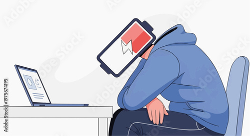 young man with laptop Digital Burnout Concept Illustration with Low Battery Head Person Using Laptop Minimal Flat Vector