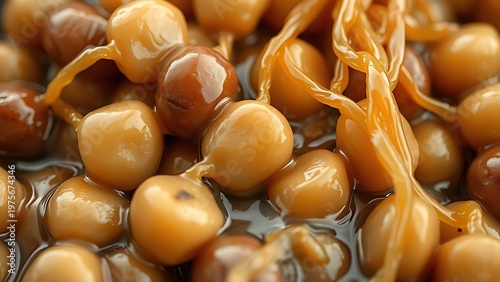 natto. Extreme close-up of fermented soybeans with glossy, stringy mucus coating. menu design, packaging mockups, designed for culinary blogs and recipe cards for restaurants.