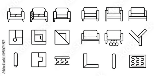 Armchair and layout icon set with design symbols
