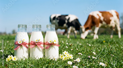 Three glass bottles of milk sit on grass. Bottles have red bows. Cows graze in background. Flowers bloom near bottles. Sky is clear blue