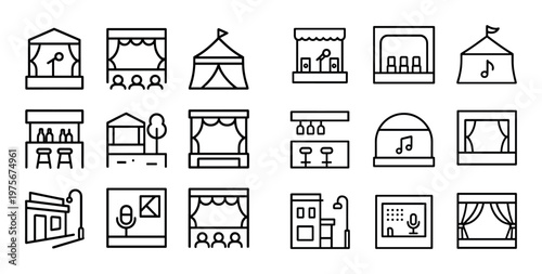 Event stage and venue icons showing booths and tents
