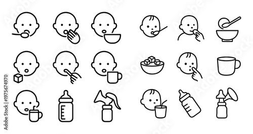 Infant feeding and solid food introduction icons arranged in grid