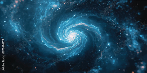 A glowing blue spiral galaxy swirls in deep space, forming a digital art wallpaper of light and stars with a dark vortex pattern and elegant curves