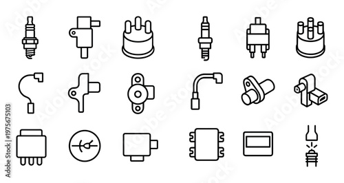 Automotive components arranged as line icons on white background