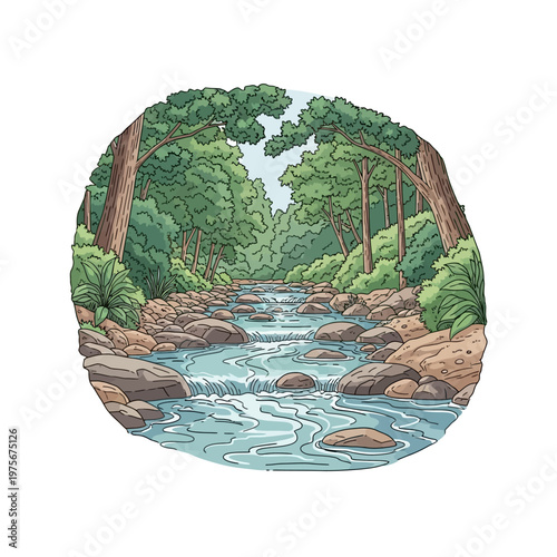 Serene forest landscape with flowing river.