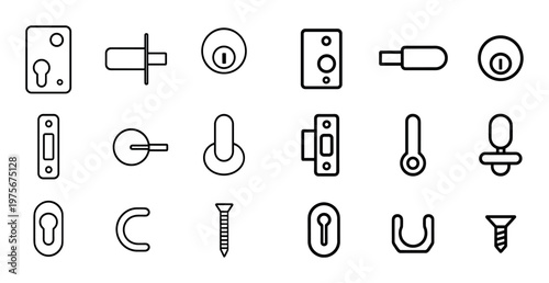 Door hardware icons arranged in grid on white background