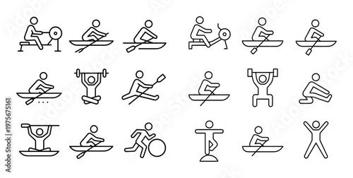 Rowing and paddling icons depicting exercise actions on white grid