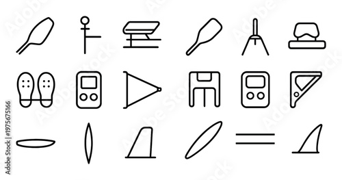 Boat equipment icons displaying paddles sails and instruments on grid