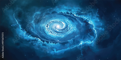 A swirling blue spiral galaxy vortex ripples through the deep ocean water, creating an abstract space background design with a fluid light texture and energy-filled waves of color