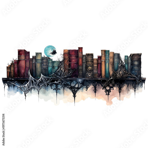 Gothic Fantasy Bookshelf Clipart with Antique Grimoires, Skulls, and Ornate Dark Magic Elements
