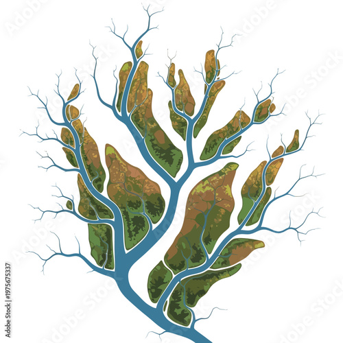 Aerial view of river delta landscape.