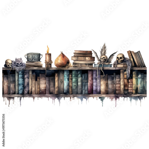 Vintage Magic Bookshelf Clipart with Old Grimoires, Skulls, Cauldron, and Mystical Artifacts
