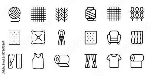 Home textile icons showing yarn cushions curtains and upholstery