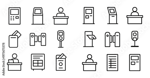 Self service kiosks and turnstiles arranged in grid