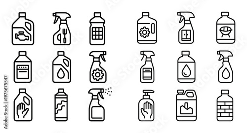 Household cleaning spray bottle and detergent outline icons set