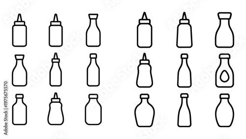 Condiment bottles arranged in repeated grid on white background