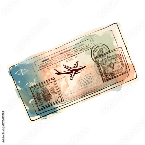 Watercolor Style Vintage Airplane Ticket with Passport Stamps and Boarding Pass Clipart

