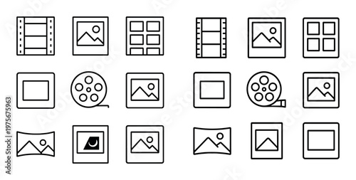 Media icons representing photos film and frames on white panel