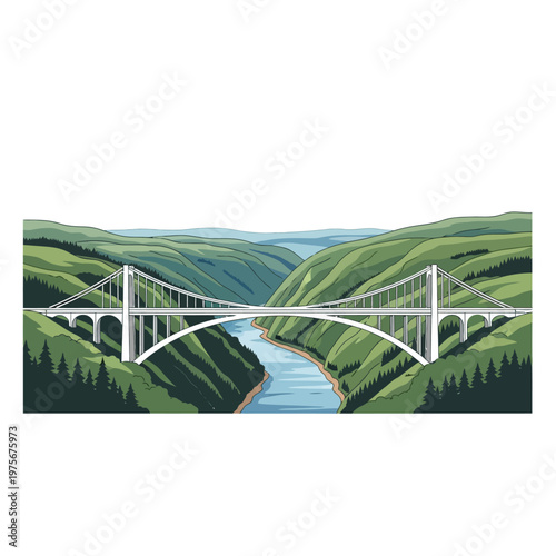 A white suspension bridge spanning a river.