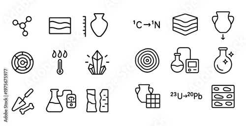 Archaeometric analysis icons showing lab instruments and samples