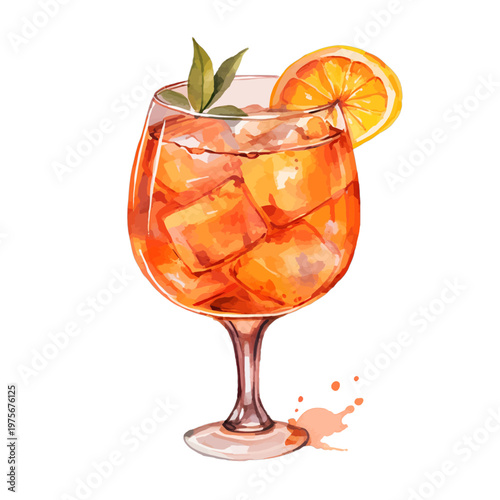 Watercolor Aperol Spritz Cocktail with Orange Slice and Fresh Mint Clipart
