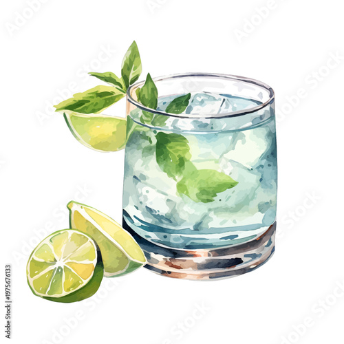 Watercolor Style Refreshing Gin and Tonic Cocktail with Fresh Lime and Mint Clipart

