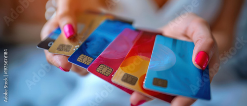 Close up of woman hands holding multiple colorful credit cards, symbolizing consumer spending, banking services, debt, payment options and personal finance management.