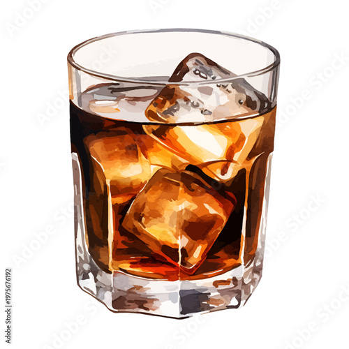 Watercolor Style Whiskey on the Rocks with Ice Cubes in a Rocks Glass Clipart
