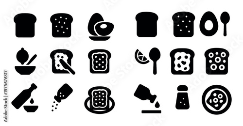 Toast eggs and condiments icons arranged in grid layout