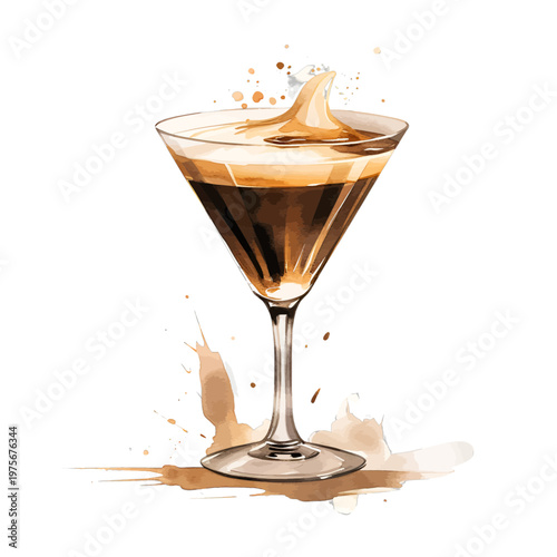 Watercolor Espresso Martini Cocktail with Frothy Foam and Coffee Splatters Clipart

