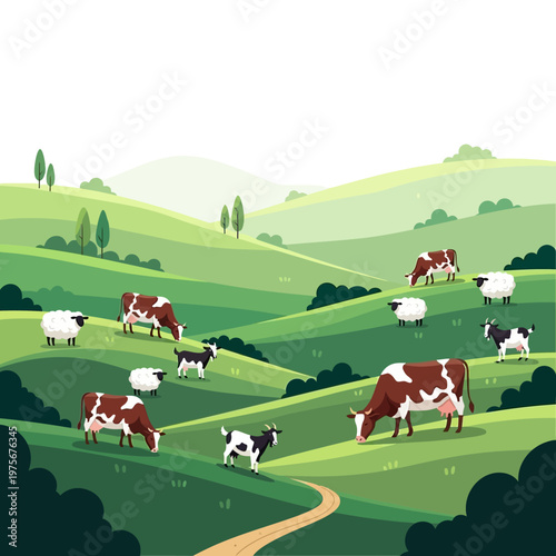 Cows grazing in a green landscape.
