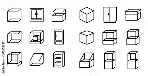 Assorted storage box and cabinet outline icons on white
