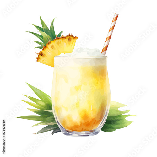 Watercolor Piña Colada Cocktail with Pineapple Slice and Striped Straw Clipart
