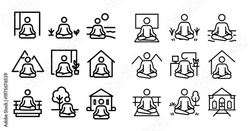 Meditation figure practicing seated pose across varied settings