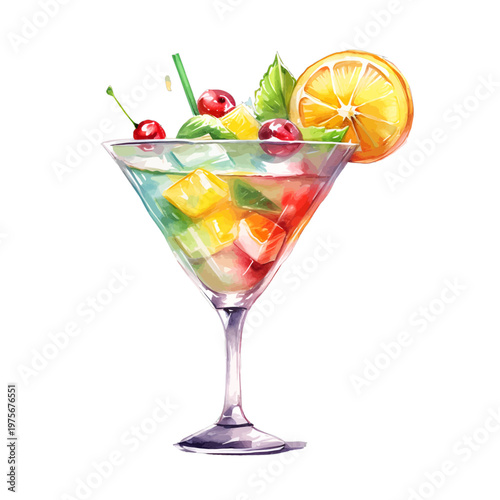 Watercolor Tropical Sangria Cocktail in Martini Glass with Orange, Berries, and Mint Clipart
