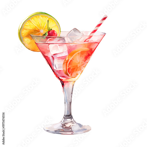Watercolor Cosmopolitan Cocktail with Citrus Garnish and Striped Straw Clipart
