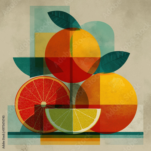 Geometric Citrus Pattern with Symmetrical Oranges