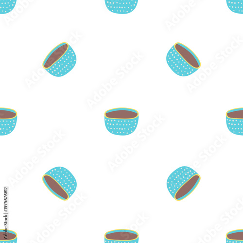 Seamless pattern of blue bowls filled with brown liquid isolated on white background