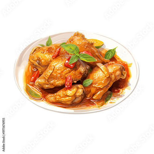 Watercolor Thai Basil Chicken Clipart - Savory Pad Krapow Gai Illustration with Chili and Fresh Herbs
