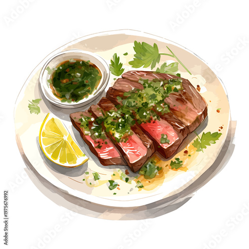 Watercolor Grilled Steak with Chimichurri Sauce - Gourmet Sliced Beef Sirloin Clipart Illustration Isolated on White
