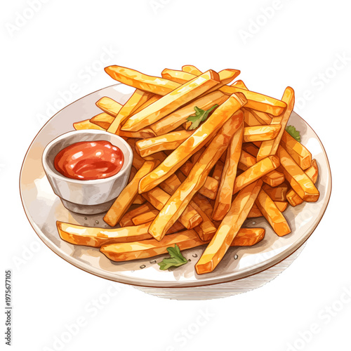 Watercolor French Fries Clipart - Crispy Golden Potato Fries Illustration with Ketchup Dipping Sauce on White Background
