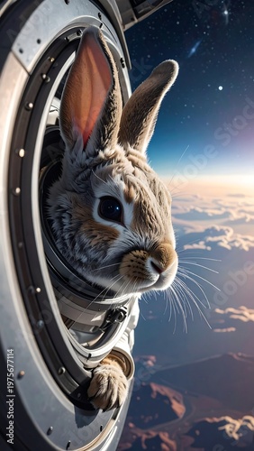 A rabbit in a space suit looks out of a spacecraft window at Earth