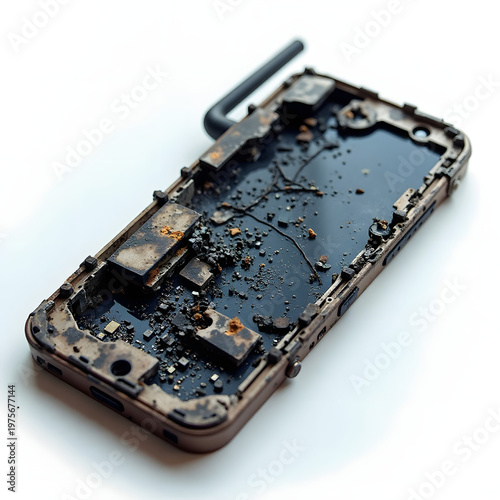 Shattered smartphone and burnt radio equipment isolated on white background.